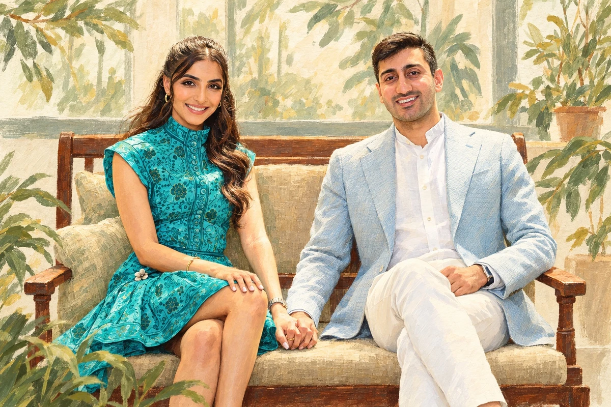 Hand-painted illustration of Amay and his wife Gaya seated together, holding hands
