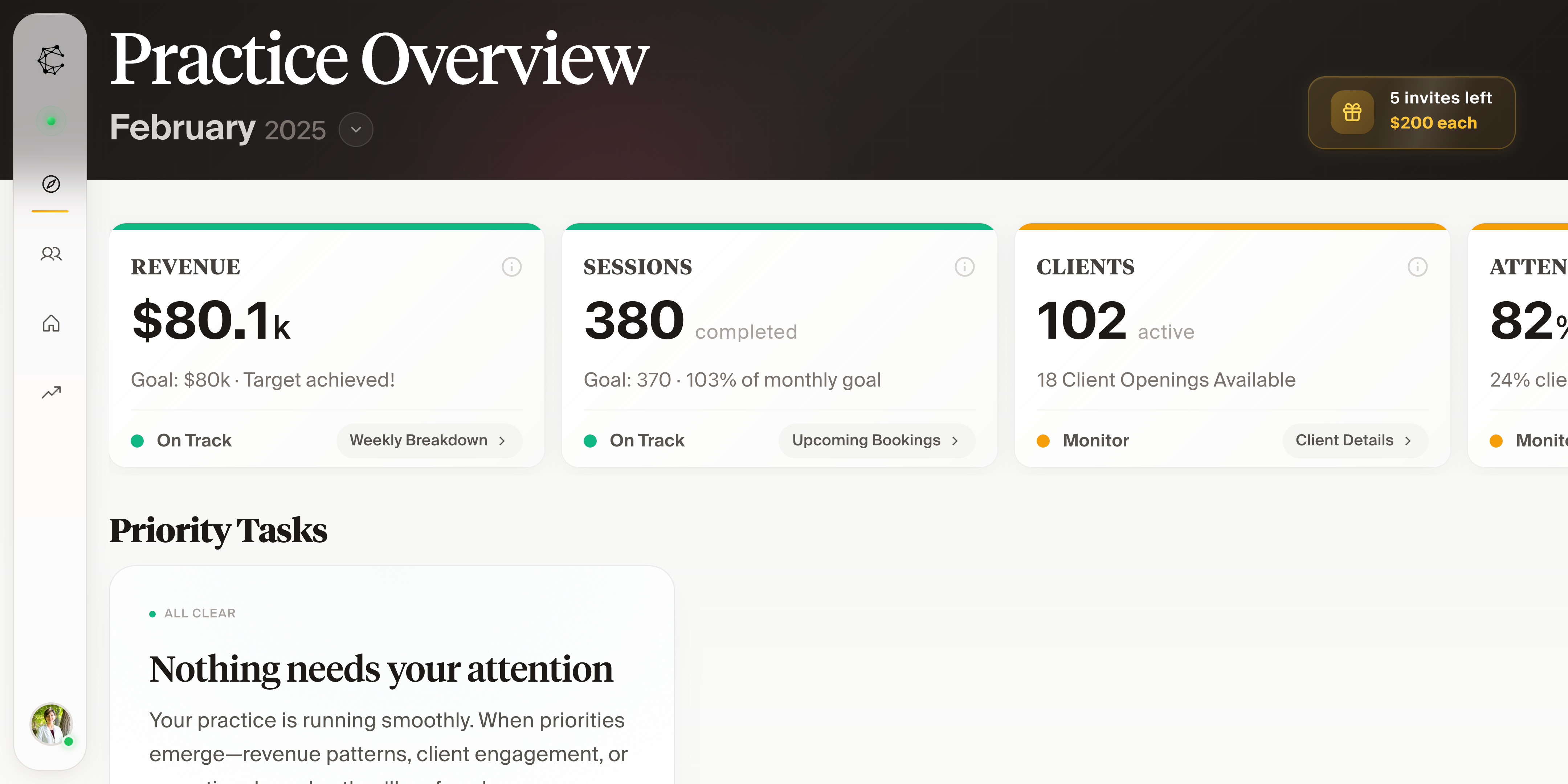 Cortexa Analytics Dashboard — sessions, revenue, clinician performance